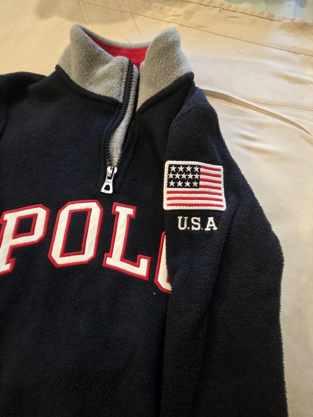 Polo by Ralph Lauren Navy Fleece Quarter-Zip Sweatshirt with Red Trim